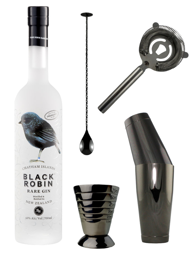 Black Robin Gin and Black Chrome Barware Gift Set | NZ